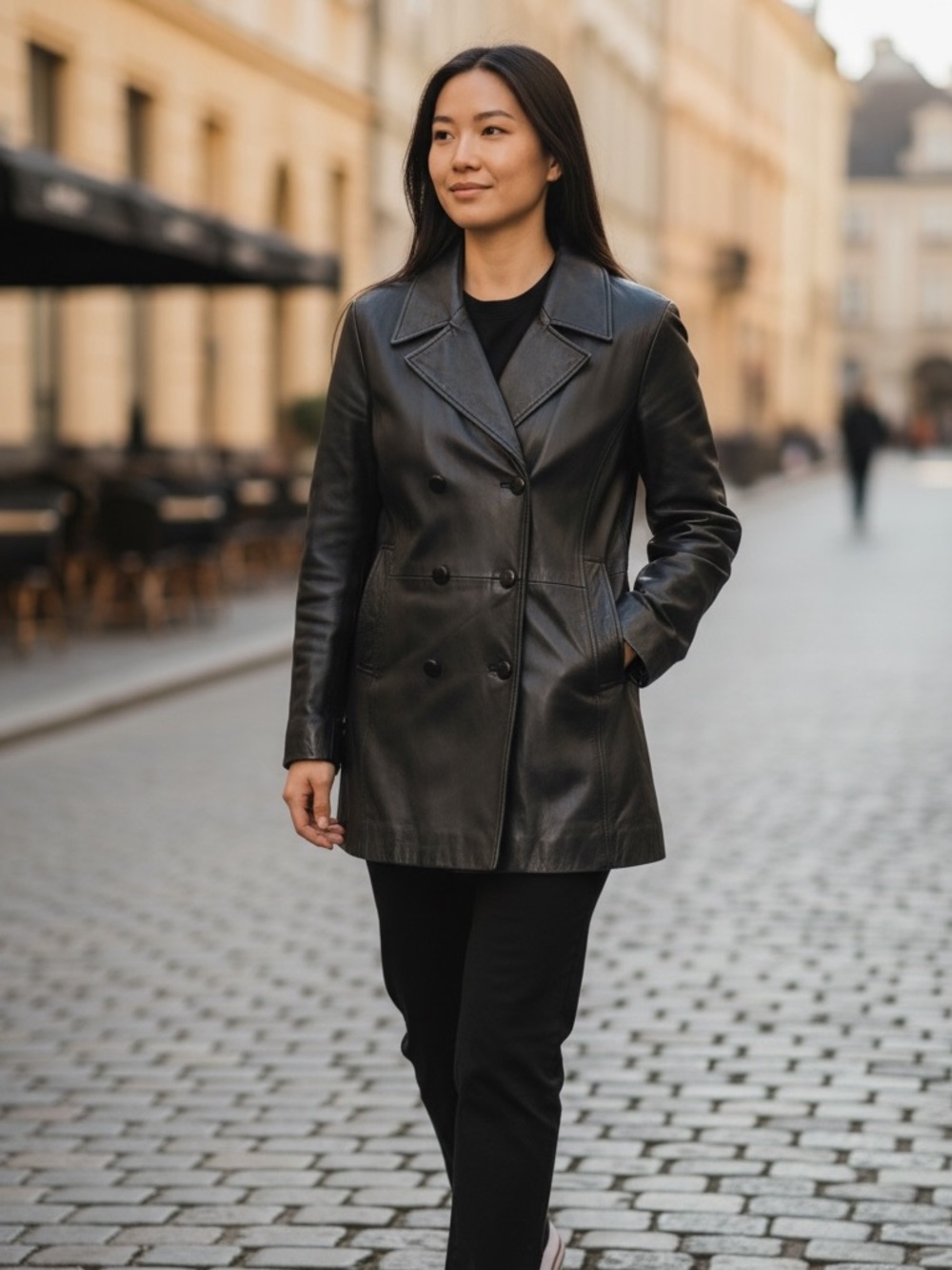 Women's Black Double-Breasted Leather Blazer Jacket